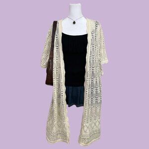 y2k cream plus size boho girly granola cottagecore netted long line cardigan